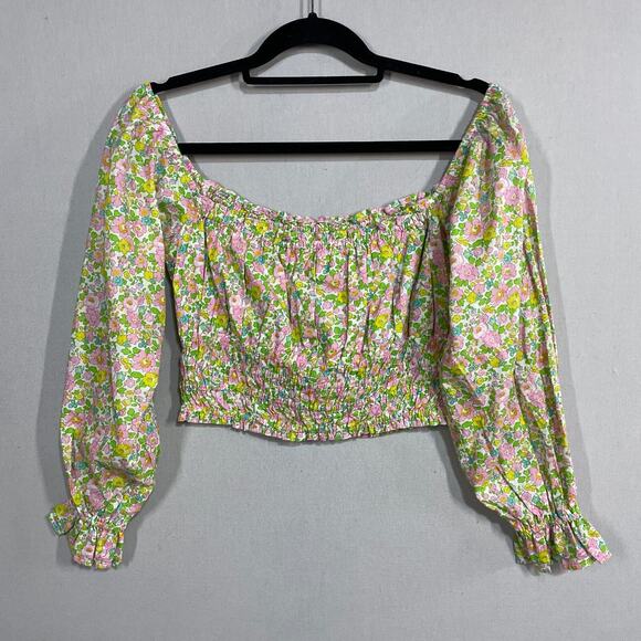 With Jean Top Women M Green Floral Off Shoulder Cropped Cotton Smocked Boho - Picture 1 of 8